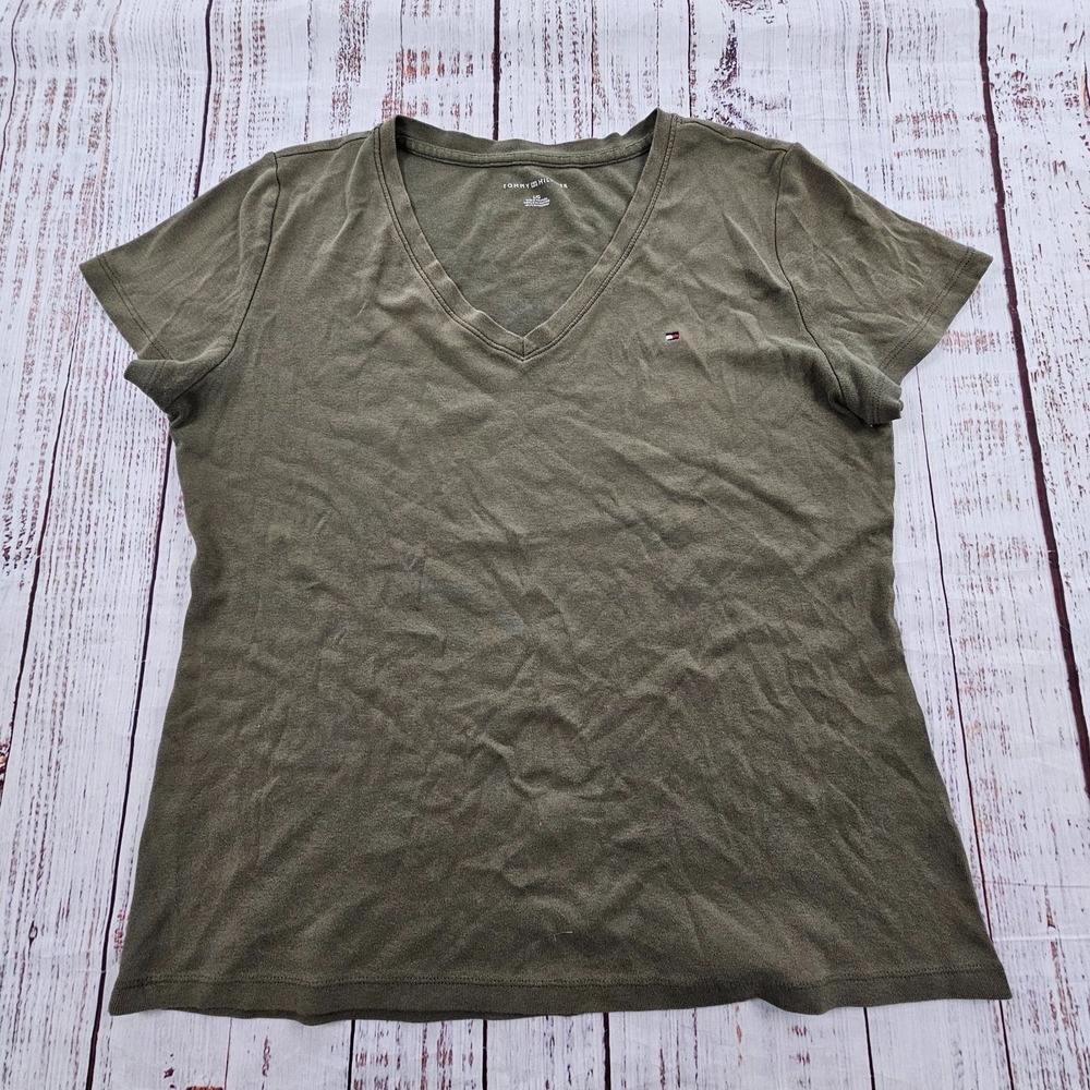 Tommy Hilfiger Green Short Sleeve Cotton V-Neck T-Shirt Women's L